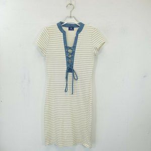 MEDIUM Cream‎ Blue Bodycon Dress MEDIUM Sexy Lace-Up V Neck Casual Summer Stripe